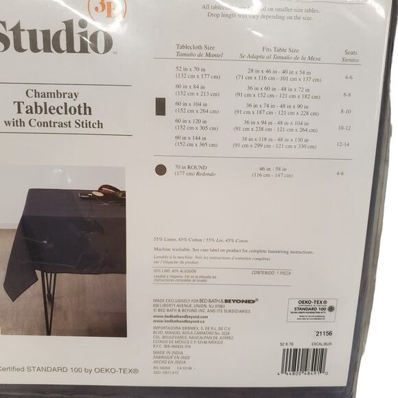 Linen Chambray Blue Tablecloth with Contrast Stitch Excalibur Studio 3B 52 x 70 - Picture 9 of 11